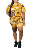 Yellow Milk Silk Fashion Active adult Ma'am Print scrawl Two Piece Suits Straight Short Sleeve Two Pieces