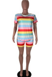 colour Milk Silk Fashion Casual Striped Two Piece Suits pencil Short Sleeve Two Pieces