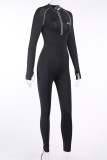Black Sportswear Solid Patchwork O Neck Jumpsuits