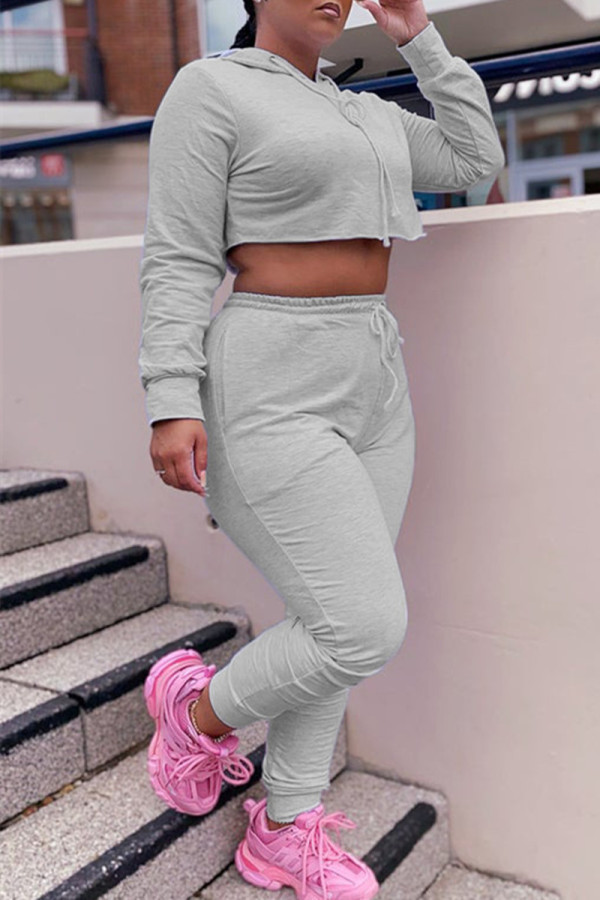 Grey Fashion Casual Solid Basic Hooded Collar Long Sleeve Two Pieces
