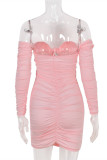 Pink Fashion Sexy Solid Hollowed Out Fold Bateau Neck Long Sleeve Dresses