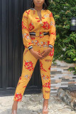 Golden Yellow Casual Print Patchwork O Neck Long Sleeve Two Pieces