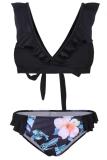 Black Two Piece Suits bandage ruffle Print backless crop top Patchwork Fashion adult Sexy