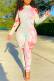 White Casual Print Patchwork Half A Turtleneck Skinny Jumpsuits