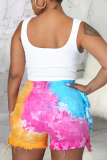 Multicolor Casual Patchwork Tassel Tie-dye Mid Waist Skinny Denim Shorts