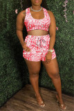 Red Casual Sportswear Print Vests U Neck Sleeveless Two Pieces