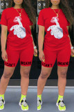 Red Fashion Casual Print Basic Short Sleeve Two Pieces