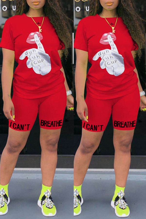Red Fashion Casual Print Basic Short Sleeve Two Pieces