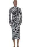 zebra OL Print Patchwork pencil Long Sleeve Two-Piece Dress