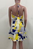 Yellow Blue Sexy Print Bandage Hollowed Out Patchwork Backless Flounce Halter A Line Dresses