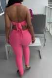 Pink Casual Solid Split Joint Halter Sleeveless Two Pieces