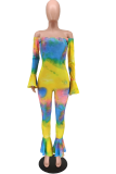 Multicolor Casual Patchwork Tie-dye Bateau Neck Boot Cut Jumpsuits