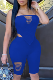 Blue Casual Solid Ripped Strapless Sleeveless Two Pieces