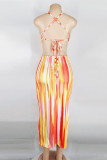 Orange Fashion Sexy Striped Print Backless O Neck Sling Dress