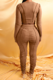 Brown Street Patchwork Hollowed Out See-through O Neck Long Sleeve Two Pieces