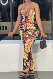 Yellow Sexy Print Hollowed Out Strapless Skinny Jumpsuits