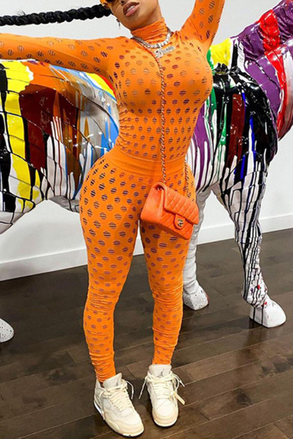 Orange Fashion Sexy Solid Hollowed Out See-through Turtleneck Long Sleeve Two Pieces