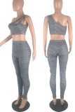 Pink Sexy Print Hollowed Out Patchwork Oblique Collar Sleeveless Two Pieces