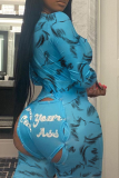 Blue Sexy Print Patchwork O Neck Skinny Jumpsuits