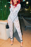 Black And White Casual Print Hollowed Out Patchwork O Neck Long Sleeve Two Pieces