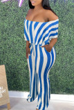 Blue Fashion Casual Striped Print Backless Off the Shoulder Regular Jumpsuits