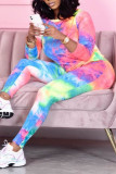 Pink Fashion Print Tie-dye O Neck Long Sleeve Two Pieces