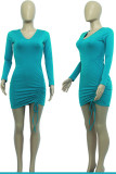 Blue Casual Solid Patchwork Draw String Fold Asymmetrical V Neck Irregular Dress Dresses