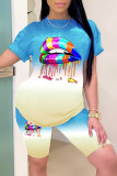 Blue Fashion Casual Gradual Change Lips Printed Basic O Neck Short Sleeve Two Pieces