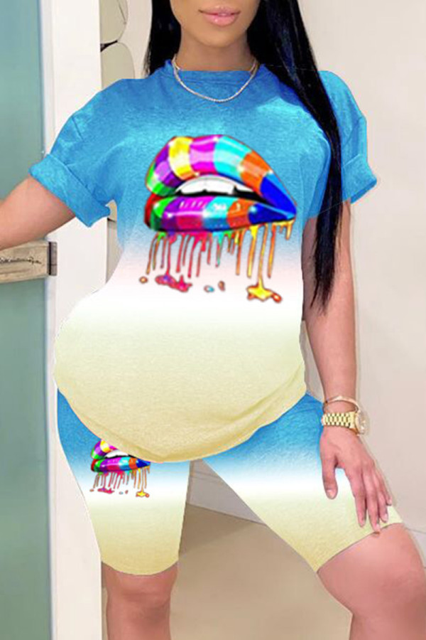 Blue Fashion Casual Gradual Change Lips Printed Basic O Neck Short Sleeve Two Pieces