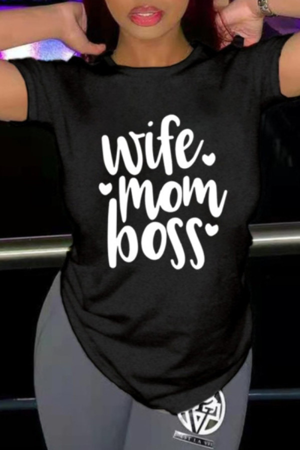 Black Fashion Casual Letter Print Basic O Neck T-Shirts