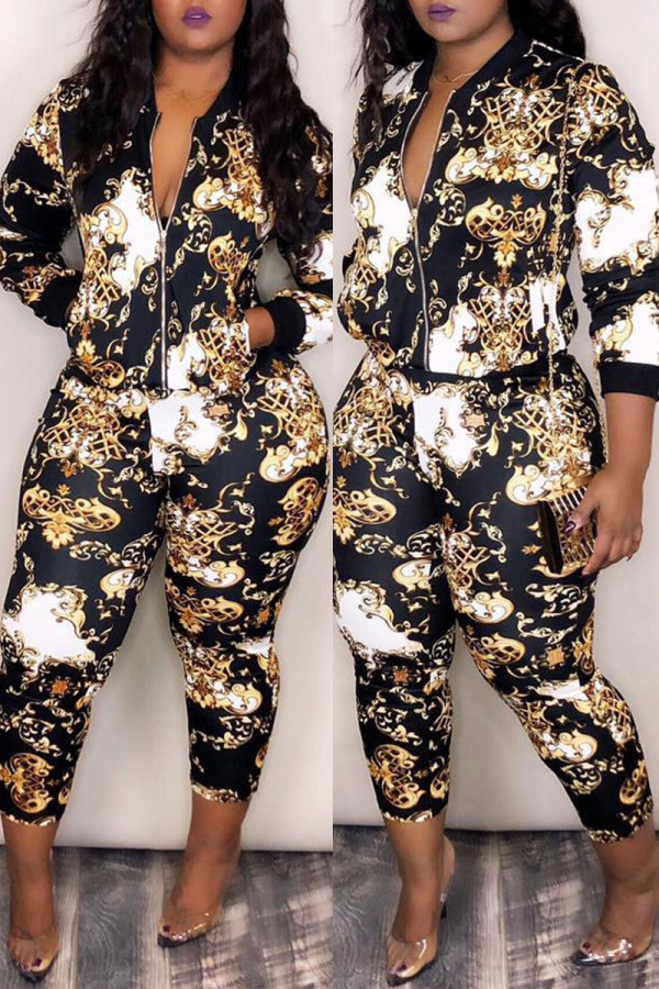 Black Fashion Casual Print Basic Zipper Collar Long Sleeve Two Pieces
