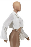 White Fashion Casual Solid Strap Design Turndown Collar Outerwear