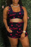 Red Casual Sportswear Print Vests U Neck Sleeveless Two Pieces