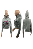 Grey Sportswear Print Embroidered Hooded Collar Tops