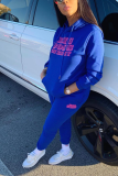 Blue Casual Print Letter Hooded Collar Long Sleeve Two Pieces