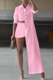 Pink Sexy Solid Buttons Asymmetrical Turndown Collar Long Sleeve Two Pieces