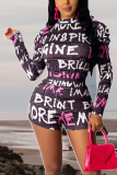 Purple Street Print Patchwork Half A Turtleneck Long Sleeve Two Pieces
