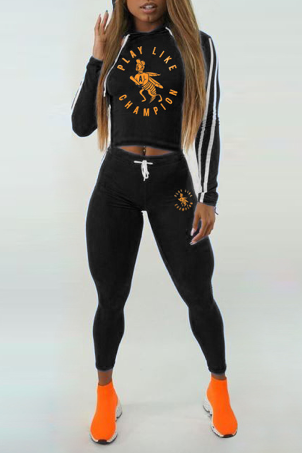 Black Sexy Casual Print Patchwork Hooded Collar Long Sleeve Two Pieces