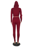 Red Casual Solid Draw String Hooded Collar Long Sleeve Two Pieces