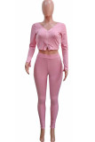 Pink Street Solid Patchwork Backless V Neck Long Sleeve Two Pieces