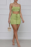 Army Green Sexy Casual Solid Bandage Backless Spaghetti Strap Sleeveless Two Pieces