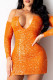 Orange Sexy Solid Sequins Split Joint Spaghetti Strap Pencil Skirt Dresses