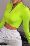 Rose Red Fashion Casual Solid Basic Zipper Collar Tops