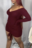 Wine Red Fashion Sexy Solid Draw String V Neck Long Sleeve Dresses