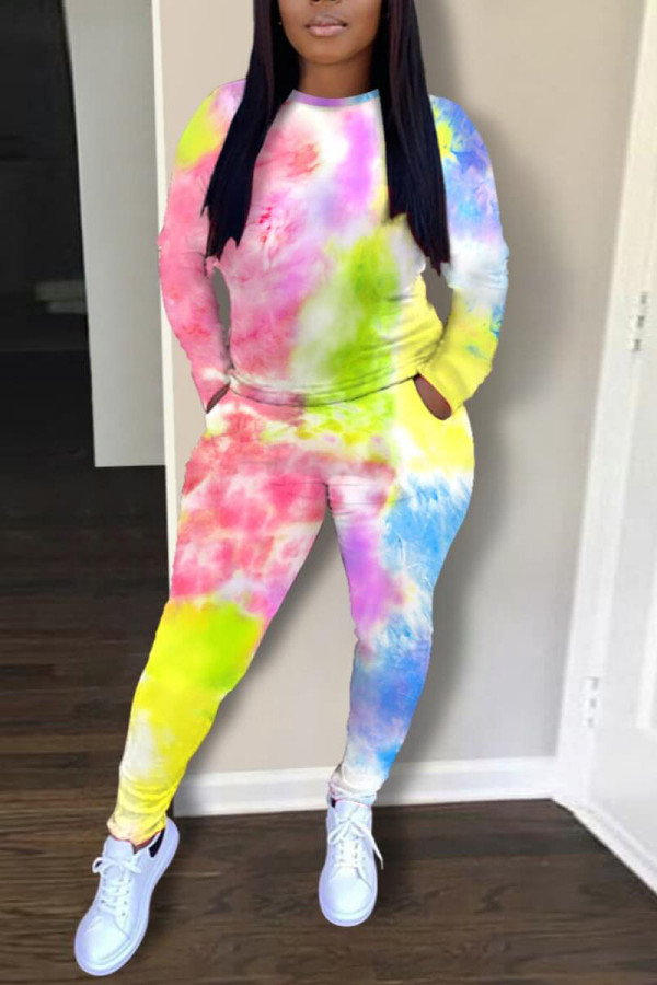 Pink Fashion Print Tie-dye O Neck Long Sleeve Two Pieces