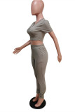 Grey Fashion Casual Solid Basic Zipper Collar Short Sleeve Two Pieces