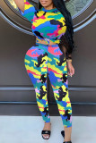 Yellow Casual Camouflage Print Patchwork O Neck Short Sleeve Two Pieces