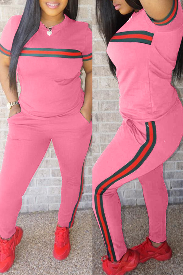 Pink Fashion Patchwork Basic O Neck Short Sleeve Two Pieces