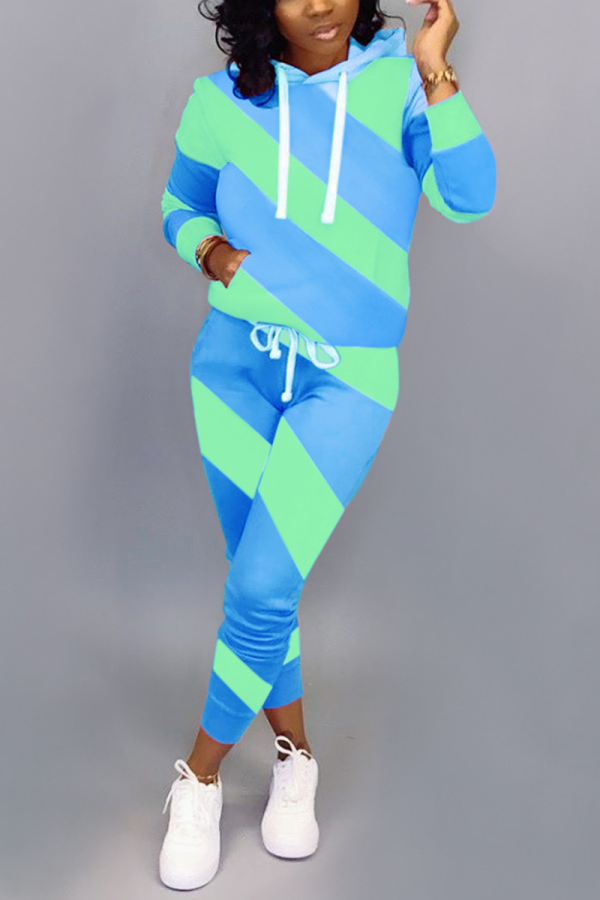 Blue Casual Striped Split Joint Hooded Collar Long Sleeve Two Pieces