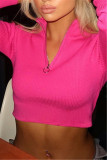 Rose Red Fashion Casual Solid Basic Zipper Collar Tops